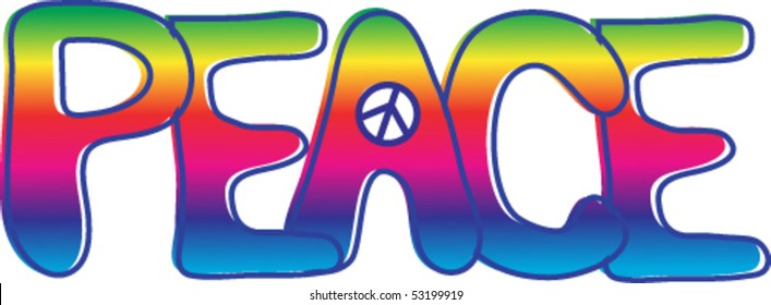 Hand drawn PEACE text in rainbow gradient with peace sign