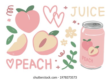 hand drawn peach, peach art set, peach illustration