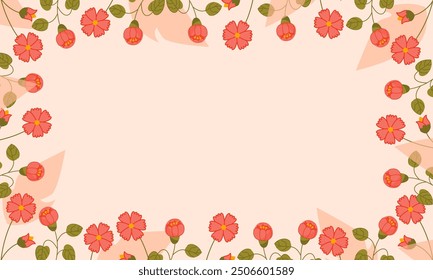 Hand drawn peach flowers background with copy spaces. Florals frame banner.