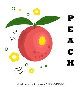 Frutos PEACH dibujados a mano con hojas sobre fondo blanco. Jugoso diseño de paquetes de productos. Melocotón entero con inscripción. Ilustración del vector