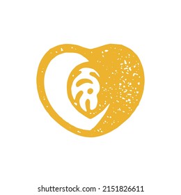 Hand drawn peach half with seed bone in heart shape yellow decorative design grunge texture vector illustration. Fresh appetizing summer fruit minimalist ripe seasonal dessert food logotype isolated