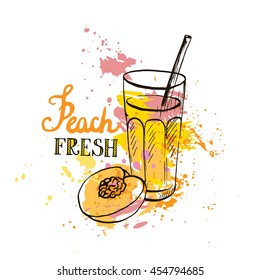 hand drawn peach juice in glass, exotic fresh, fruit smoothie, ink drawing vector elements