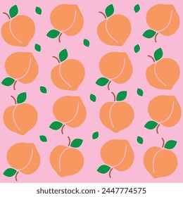 Hand drawn peach pattern peaches with cayenne leaves around