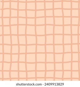 Hand drawn peach plaid pattern. Check, square doodle background. Line art freehand grid. Crossing brown stripes brush stroke. Notebook Texture. Abstract Psychedelic print with Wavy Doodle Stripes.