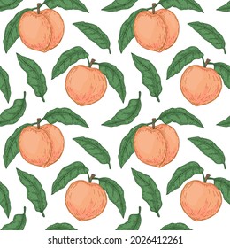 Hand drawn peach seamless pattern. Vector illustration