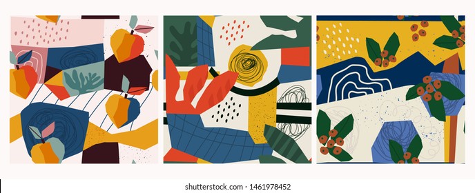 Hand drawn peaches, berries, leaves and various shapes, spots, dots and lines. Different colors. Set of three abstract contemporary patterns. Modern patchwork illustrations in vector