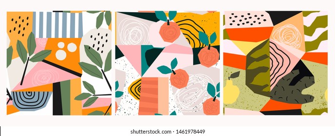 Hand drawn peaches, pear, leaves and various shapes, spots, dots and lines. Pastel colors. Set of three abstract contemporary patterns. Modern patchwork illustrations in vector