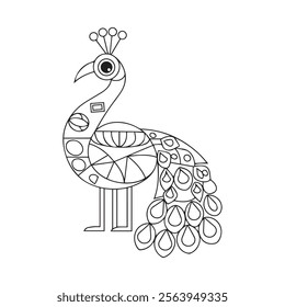 Hand drawn Peacock for anti stress Coloring Page with high details, isolated on white background, illustration in zentangle style. Vector monochrome sketch. Bird collection
