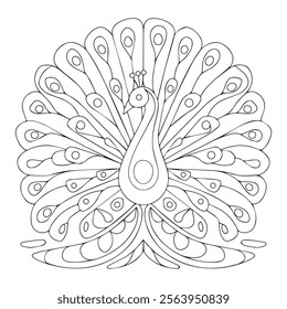 Hand drawn Peacock for anti stress Coloring Page with high details, isolated on white background, illustration in zentangle style. Vector monochrome sketch. Bird collection
