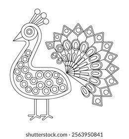 Hand drawn Peacock for anti stress Coloring Page with high details, isolated on white background, illustration in zentangle style. Vector monochrome sketch. Bird collection
