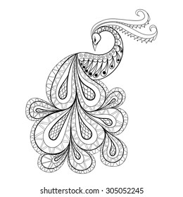 Hand drawn Peacock  for anti stress Coloring Page with high details, isolated on white background, illustration in zentangle style. Vector monochrome sketch. Bird collection.