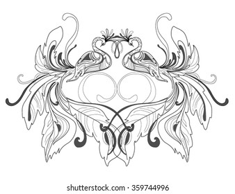 Hand drawn Peacock for anti stress Coloring Page with high details, shirt design or tattoo, wedding invitations, cards, Valentine's day. Vector monochrome sketch. Curly tale.