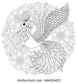 Hand drawn Peacock for anti stress Coloring Page with high details, isolated on white background, illustration in zentangle style. Vector monochrome sketch. Bird collection.
