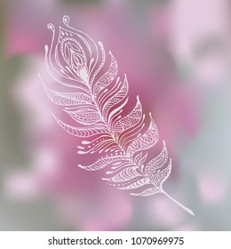 Hand drawn peacock feather on beautiful blurred background. Vector vintage ethnic feather. Zentangle feathers. Stylized feather on a white background. Illustration made by trace from sketch.