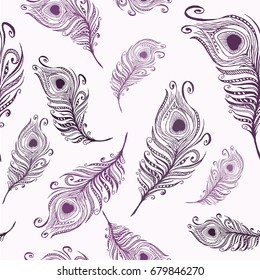 Hand drawn peacock feather seamless pattern. Vector vintage ethnic feather. Zentangle feathers pattern. Illustration made by trace from sketch.