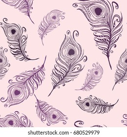 Hand drawn peacock feather seamless pattern. Vector vintage ethnic feather. Zentangle feathers pattern. Illustration made by trace from sketch.