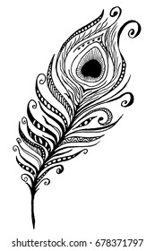 Hand drawn peacock feather. Vector vintage ethnic feather. Zentangle feathers.
Stylized feather on a white background. Illustration made by trace from sketch.