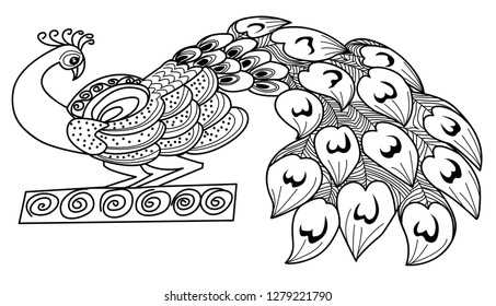 Hand Drawn Peacock with Feathers - Rangoli, Alpona or Paisley Vector Line art