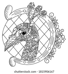 Dibujo manual de cabeza de pavo real en estilo zentángulo