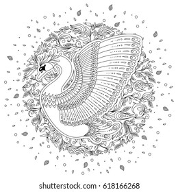 Hand drawn peacock . Isolated on white. antistress Coloring Page Vector monochrome sketch.