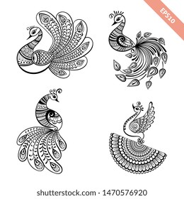 Hand drawn peacock mehendi style collection.Decoration in ethnic Indian style.Doodle sketch for tattoo, coloring page, t-shirt design, embroidery.