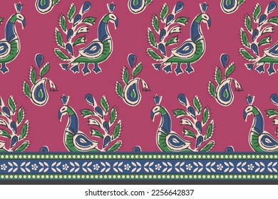 HAND DRAWN PEACOCK PATTERN WITH BORDER AJRAKH BAGRU SANGANER BLOCK PRINT AND BATIK PRINT DIGITAL PRINT SEAMLESS TEXTILE PATTERN IN EDITABLE FILE