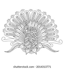 Dibujo manual del pavo real en estilo zentángulo