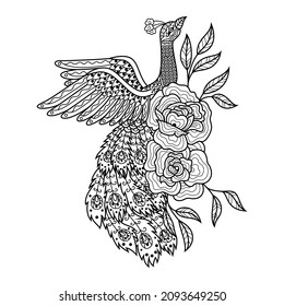 Hand drawn of peacock in zentangle style
