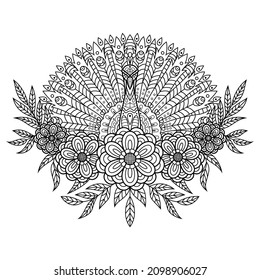 Hand Drawn Of Peacock In Zentangle Style