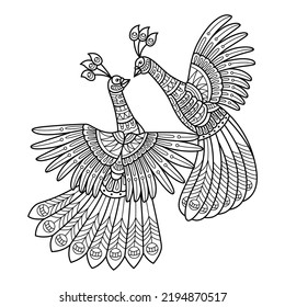 Hand drawn of peacock in zentangle style