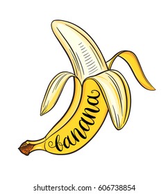 Hand drawn pealed banana, isolated on white background. Decorative doodle vector illustration