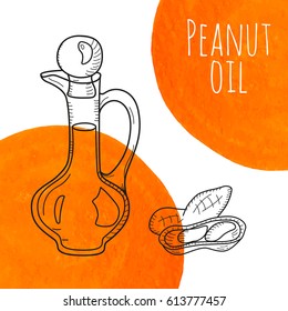 Hand drawn peanut oil bottle with orange watercolor spots. Isolated cute decanter with healthy cooking oil and peanut. Sketchy doodle illustration for aroma therapy, cosmetic, organic shop. Glass jug.