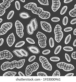 Hand drawn peanut seamless pattern. Organic food vector illustration on chalk board. Retro nut background. Vintage style botanical picture.