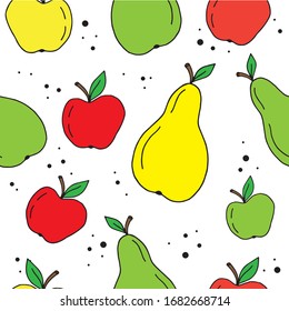 Hand drawn pear and apple fruit seamless pattern. Vector illustration.