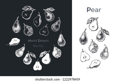 Hand drawn pear icons set isolated on white and black chalk background. Sketch of fruits for packaging and menu design. Vintage vector illustration.
