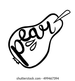 Hand drawn Pear Name Of Fruit Written In Its Silhouette Monochrome Trendy Vector Design Sticker Isolated On White Background