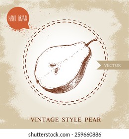 Hand drawn pear. Vintage sketch style organic fruit illustration on grunge background