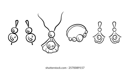 Hand drawn pearl jewelry illustration set, whimsical jewelry made from pearl, doodle, earrings, bracelet, necklace