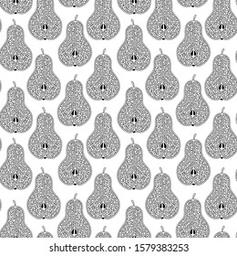 Hand drawn pears  for antistress coloring page. Seamless pattern for coloring book. Illustration in zentangle style. Black and white background.