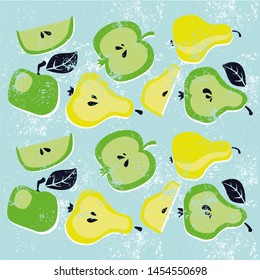 Hand drawn pears and apples illustration. Summer fruits collection. Vegan, farm, natural food. Simle minimalist abstract design for prints, menu, banner.