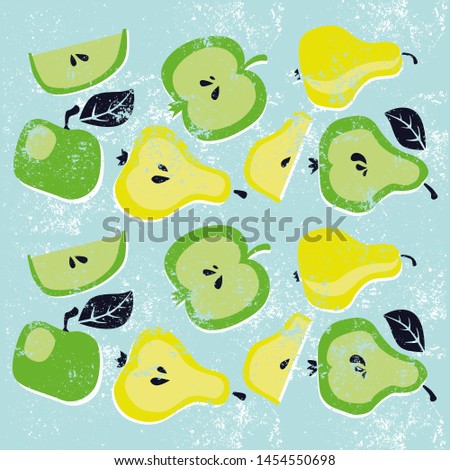 Hand drawn pears and apples illustration. Summer fruits collection. Vegan, farm, natural food. Simle minimalist abstract design for prints, menu, banner.