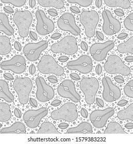 Hand drawn pears and leaves for anti stress coloring page. Seamless pattern for coloring book. Illustration in zentangle style. Black and white background.