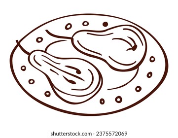Peras dibujadas a mano sobre una placa con un estilo de contorno sobre un fondo blanco. Ilustración vectorial. Perfecto para el menú de otoño, libro de colorantes, tarjeta, impresión.