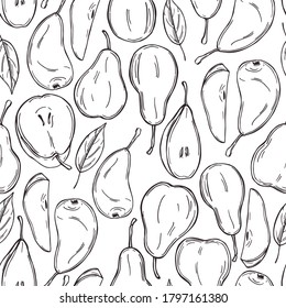 Hand drawn pears on white background. Vector  seamless pattern. 