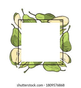 Hand drawn pears on white background. Vector frame.
