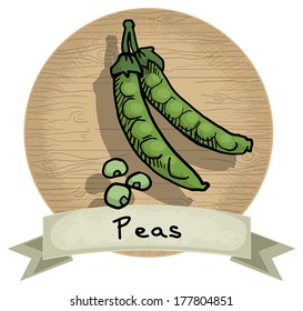 Hand drawn peas icon, with a name and wooden background, vector illustration