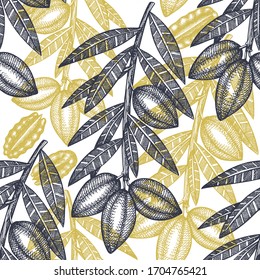 Handgezeichneter Pecan-Ast und Kerne nahtlose Muster. Bio-Vektorillustration auf weißem Hintergrund. Vintage-Nuss-Illustration. botanisches Bild im Stilstil.