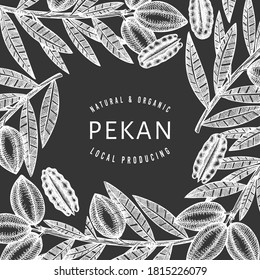 Plantilla de diseño de ramas de pecan dibujadas a mano y núcleos. Ilustración vectorial de alimentos orgánicos aislada en pizarra de tiza. Ilustración de tuerca retro. Imagen botánica de estilo grabado.