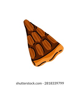 Hand drawn pecan pie slice with golden crust and nutty caramel filling in brown, orange, and cream colors.