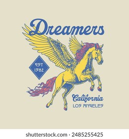 HAND DRAWN PEGASUS HORSE COLLEGIATE ATHLETIC ANIMAL WILDLIFE WINGS MYTHICAL MAGIC CREATURE TSHIRT TEE PRINT FOR APPAREL MERCHANDISE